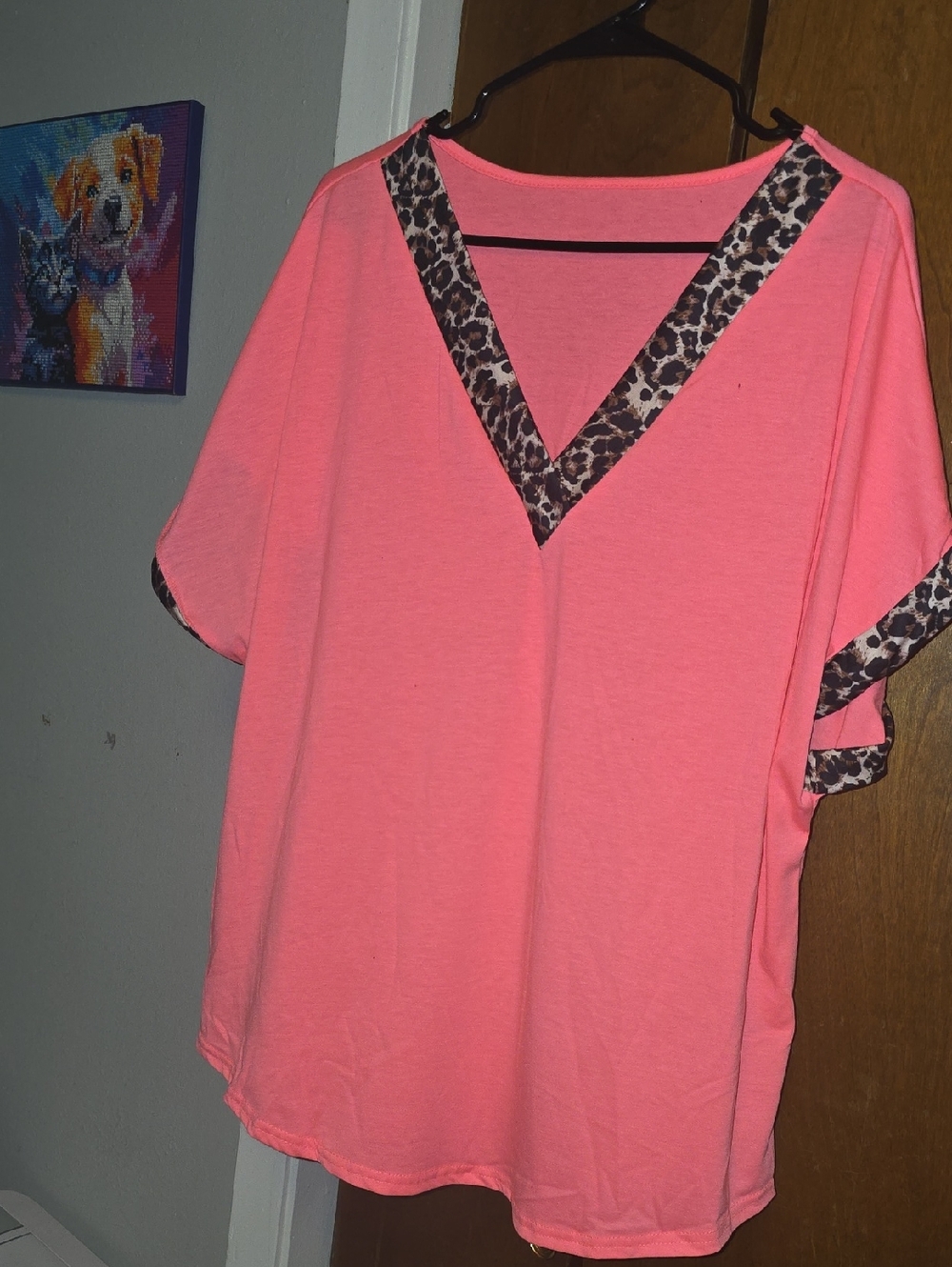 SHEIN Coral Pink V-Neck Tunic with Leopard Trim